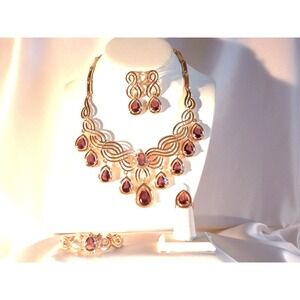 Purple 4 pc rhinestone necklace set, wedding MOB  prom party formal necklace set